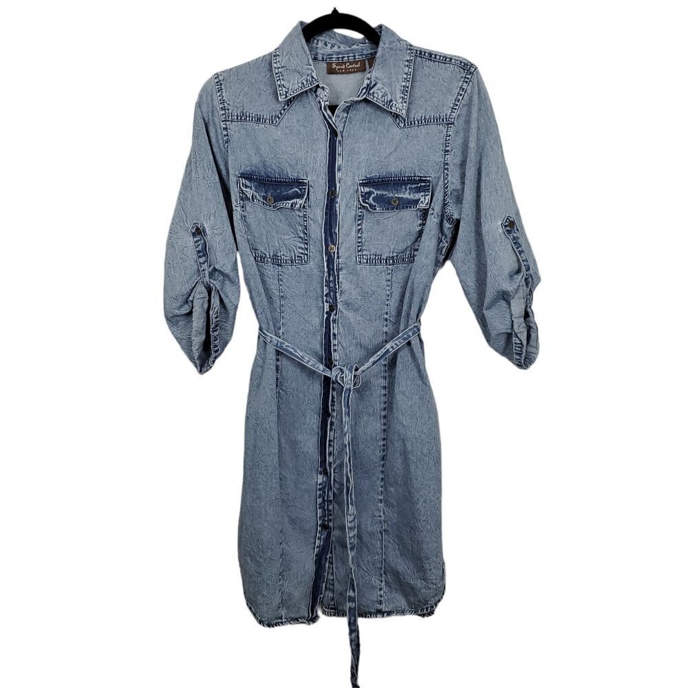 💥343 Speed Control New York Washed Button Down Belted Denim Mini Dress